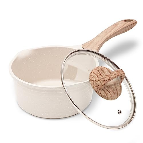 JEETEE Casserole 16 cm, 1,5L avec couvercle, casserole à lait avec poignée résistante à la chaleur, pot antiadhésif en granit induction, convient à toutes les cuisinières, beige