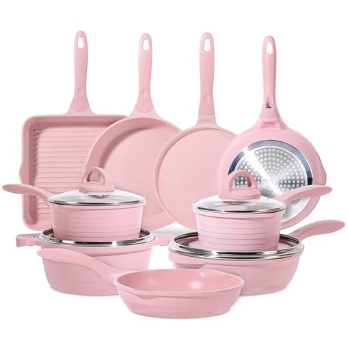 Ensemble de casseroles JEETEE 23 pièces, antiadhésif granité avec couvercles en verre, compatible avec tous les feux, cadeau d'emménagement, rose