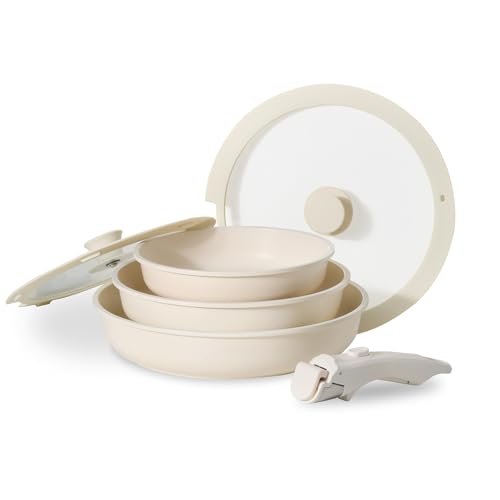 JEETEE Set de poêles 6 pièces avec poignées amovibles et couvercle, ensemble de cuisson antiadhésif, poêle 20/24/28 cm, ensemble de casseroles empilables pour toutes les plaques de cuisson, résistant au four, beige